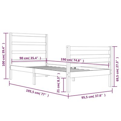 vidaXL Single tömör fenyőfa ágykeret 90 x 190 cm