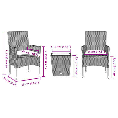 vidaXL 3 részes bézs polyrattan/üveg bisztrógarnitúra párnával