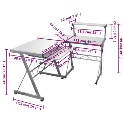 vidaXL fehér szerelt fa sarok számítógépasztal 132 x 112 x 99 cm