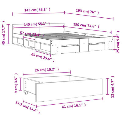 vidaXL sonoma tölgy színű szerelt fa ágykeret fiókokkal 140 x 190 cm