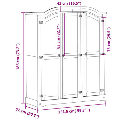 vidaXL fehér Corona tömör fenyőfa ruhásszekrény 151,5 x 52 x 186 cm