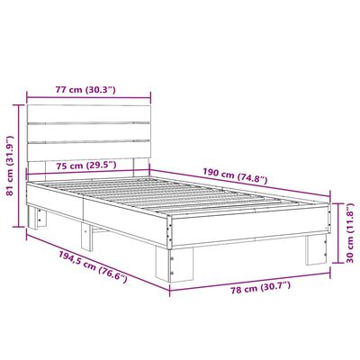 vidaXL barna tölgyszínű szerelt fa és fém ágykeret 75 x 190 cm