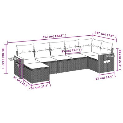 vidaXL 7 részes fekete polyrattan kerti ülőgarnitúra párnával