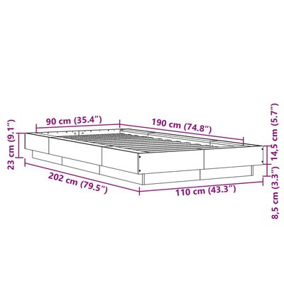 vidaXL barna tölgyszínű szerelt fa ágykeret LED-del 90 x 190 cm