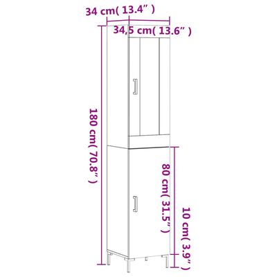 vidaXL magasfényű fehér szerelt fa magasszekrény 34,5 x 34 x 180 cm