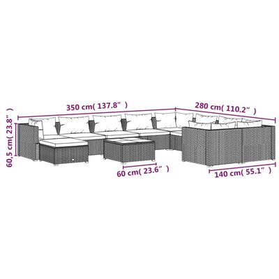 vidaXL 11 részes fekete polyrattan kerti ülőgarnitúra párnákkal