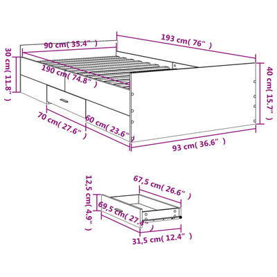 vidaXL szürke sonoma színű szerelt fa ágykeret fiókokkal 90 x 190 cm