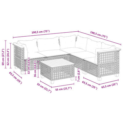 vidaXL 6 részes fekete polyrattan kerti ülőgarnitúra párnákkal