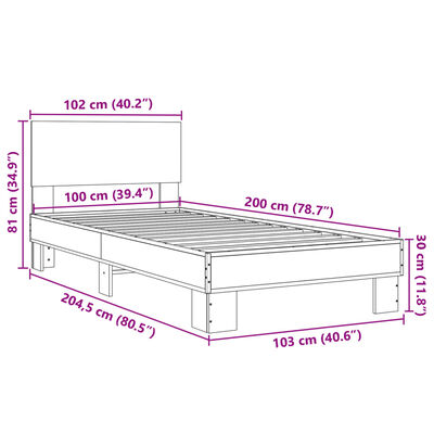 vidaXL füstös tölgyszínű szerelt fa és fém ágykeret 100 x 200 cm