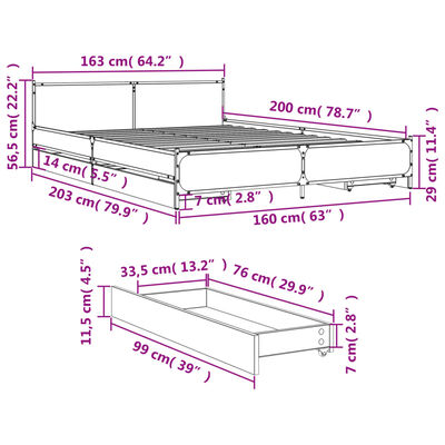 vidaXL fekete szerelt fa ágykeret fiókokkal 160 x 200 cm