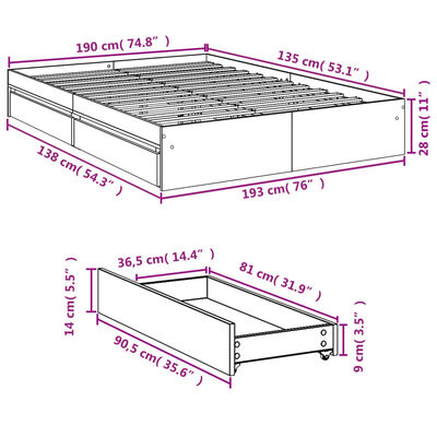 vidaXL füstös tölgy színű szerelt fa ágykeret fiókokkal 135 x 190 cm