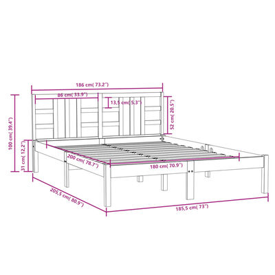 vidaXL Super King fekete tömör fa ágykeret 180 x 200 cm