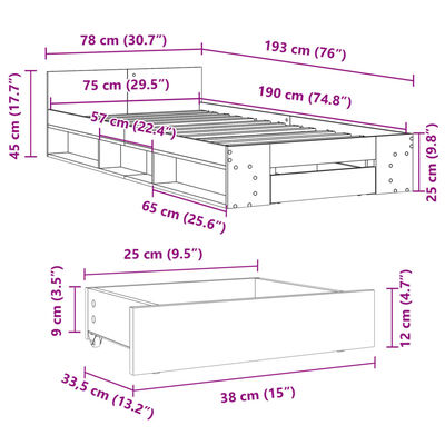 vidaXL sonoma tölgy színű szerelt fa ágykeret fiókkal 75x 190 cm