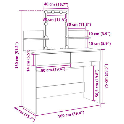 vidaXL szürke sonoma színű fésülködőasztal LED-del 100 x 40 x 130 cm