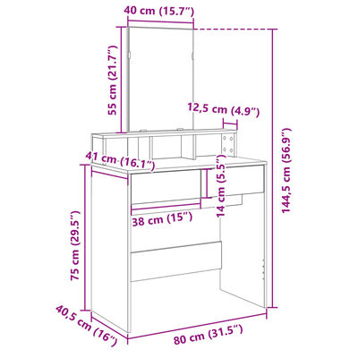 vidaXL füstös tölgy színű fésülködőasztal tükörrel 80 x 41 x 144,5 cm