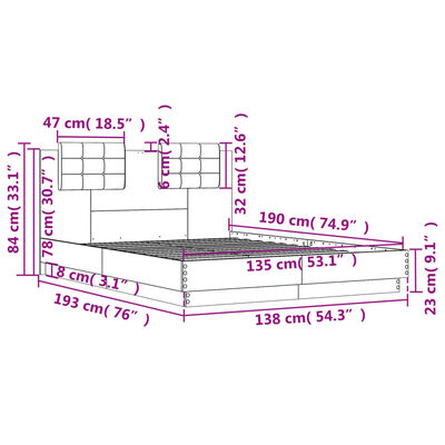 vidaXL szürke sonoma színű szerelt fa ágykeret fejtámlával 135x190 cm