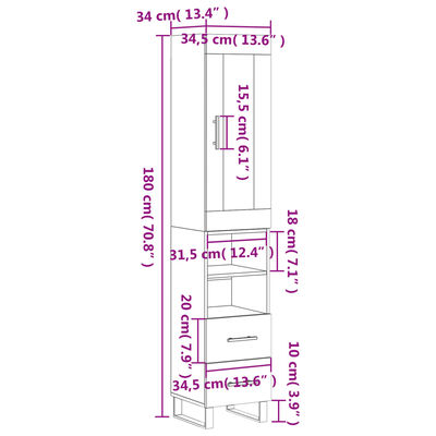 vidaXL magasfényű fehér szerelt fa magasszekrény 34,5 x 34 x 180 cm