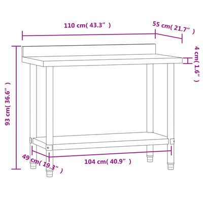 vidaXL rozsdamentes acél konyhai munkaasztal hátlappal 110x55x93 cm