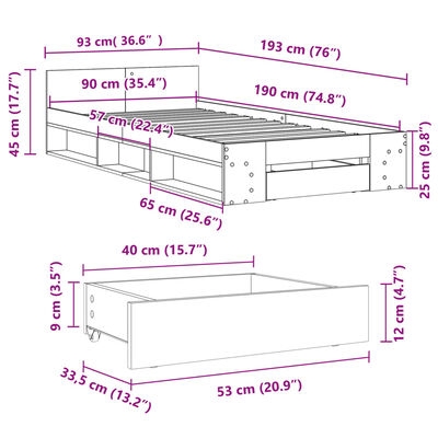 vidaXL sonoma tölgy színű szerelt fa ágykeret fiókkal 90 x 190 cm