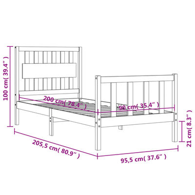 vidaXL tömör fa ágykeret fejtámlával 90 x 200 cm