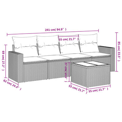 vidaXL 5 részes fekete polyrattan kerti kanapészett párnákkal