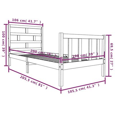 vidaXL fekete tömör fenyőfa ágykeret 100 x 200 cm