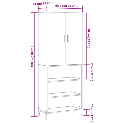 vidaXL szürke sonoma szerelt fa magasszekrény 69,5 x 34 x 180 cm