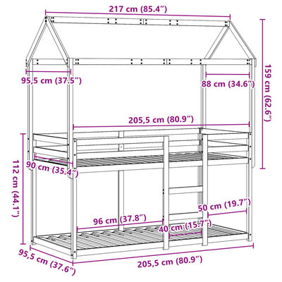 vidaXL viaszbarna tömör fenyőfa ágy emelettel és tetővel 90 x 200 cm