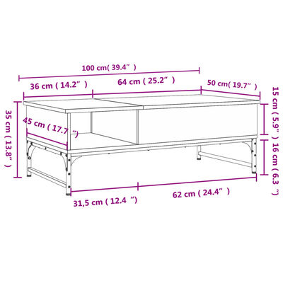 vidaXL füstös tölgy szerelt fa és fém dohányzóasztal 100 x 50 x 35 cm