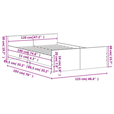 vidaXL füstös tölgy színű ágykeret fej- és lábtámlával 120 x 190 cm