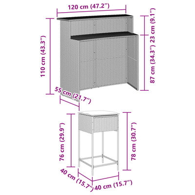 vidaXL 5 részes szürke polyrattan kerti bárszett párnákkal