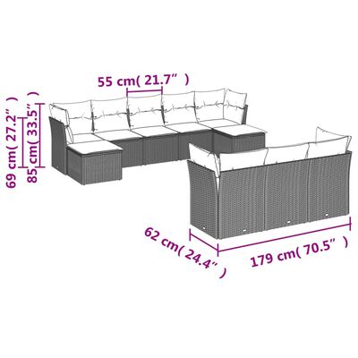 vidaXL 10 részes fekete polyrattan kerti ülőgarnitúra párnákkal