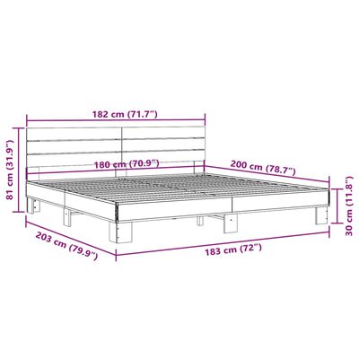 vidaXL füstös tölgy színű szerelt fa és fém ágykeret 180 x 200 cm