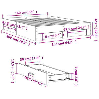 vidaXL barna tölgy színű szerelt fa ágykeret fiókokkal 160 x 200 cm