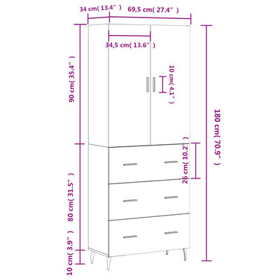 vidaXL füstös tölgy színű szerelt fa magasszekrény 69,5 x 34 x 180 cm