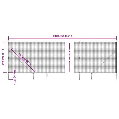 vidaXL antracitszürke dróthálós kerítés cövekekkel 1,4x10 m