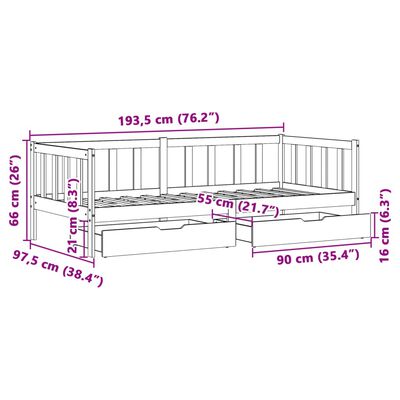 vidaXL fehér tömör fenyőfa kanapéágy fiókkal 90 x 190 cm