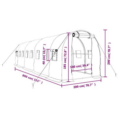 vidaXL fehér acélvázas melegház 16 m² 8 x 2 x 2 m