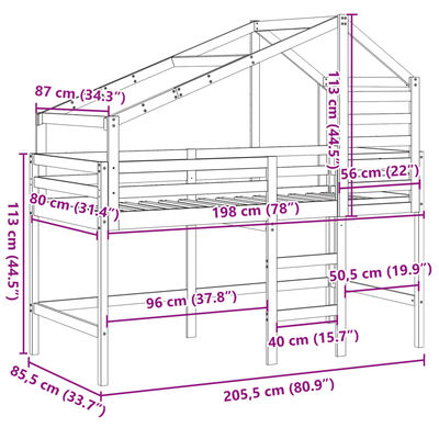 vidaXL tömör fenyőfa galériaágy létrával és tetővel 80 x 200 cm