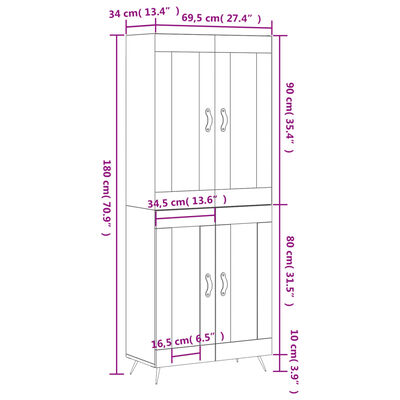 vidaXL betonszürke szerelt fa magasszekrény 69,5 x 34 x 180 cm