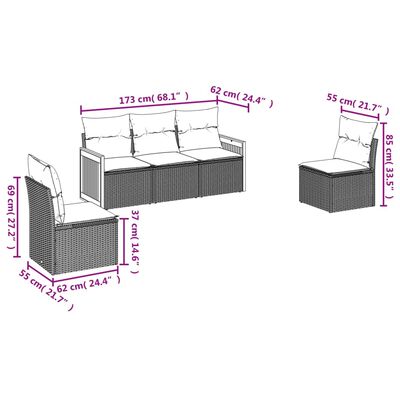 vidaXL 5 részes fekete polyrattan kerti kanapészett párnákkal