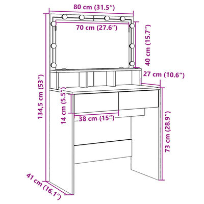 vidaXL füstös tölgy színű fésülködőasztal LED-del 80 x 41 x 134,5 cm