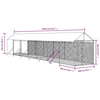 vidaXL ezüstszínű horganyzott acél kutyakennel tetővel 2x14x2,5 m