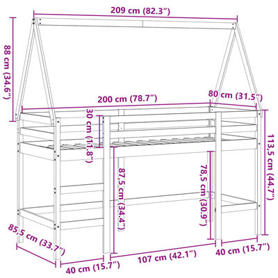 vidaXL tömör fenyőfa galériaágy létrával és tetővel 80 x 200 cm