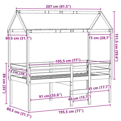 vidaXL viaszbarna tömör fenyőfa magasított ágy tetővel 75 x 190 cm