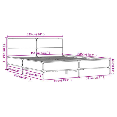 vidaXL füstös tölgy színű szerelt fa és fém ágykeret 150 x 200 cm