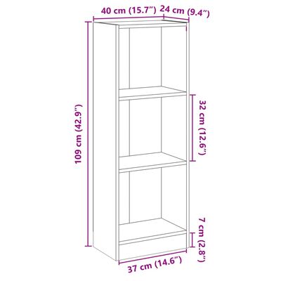 vidaXL 3 szintes sonoma színű szerelt fa könyvszekrény 40x24x109 cm