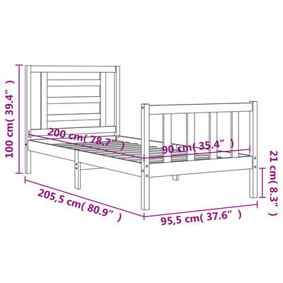 vidaXL fekete tömör fa ágykeret fejtámlával 90 x 200 cm