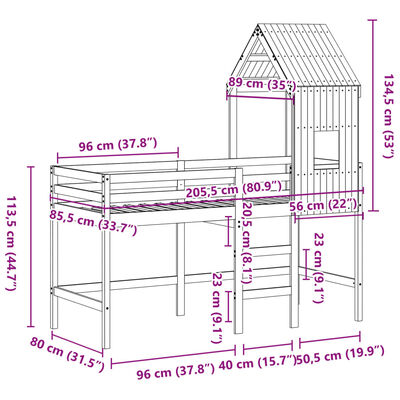 vidaXL fehér tömör fenyőfa galériaágy létrával és tetővel 80 x 200 cm