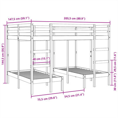 vidaXL fehér tömör fenyőfa tripla emeletes ágykeret 140x200/70x140 cm